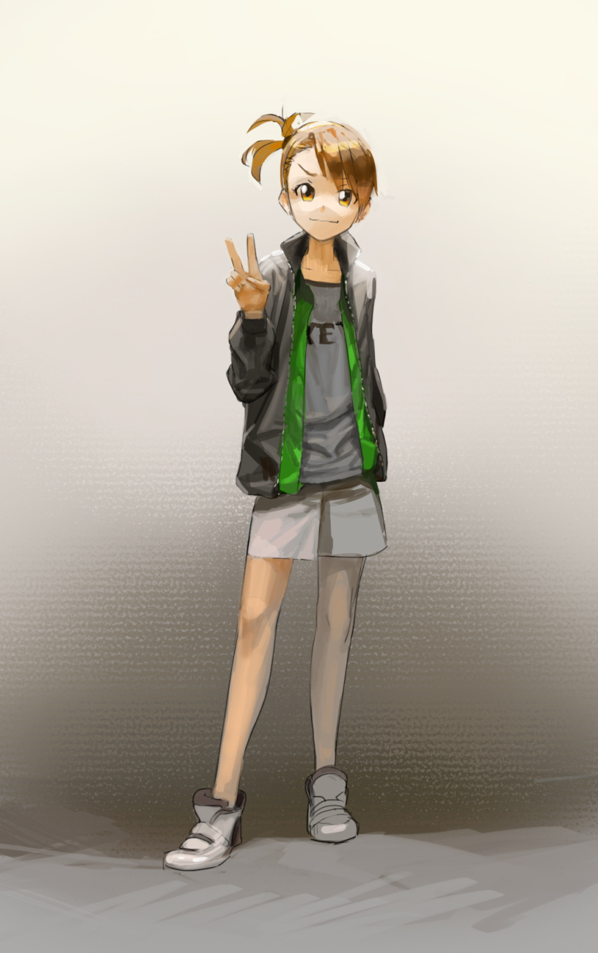 1girl attall brown_eyes brown_hair casual flat_chest full_body futami_ami highres idolmaster jacket open_clothes open_jacket shoes short_hair shorts side_ponytail smile sneakers solo v