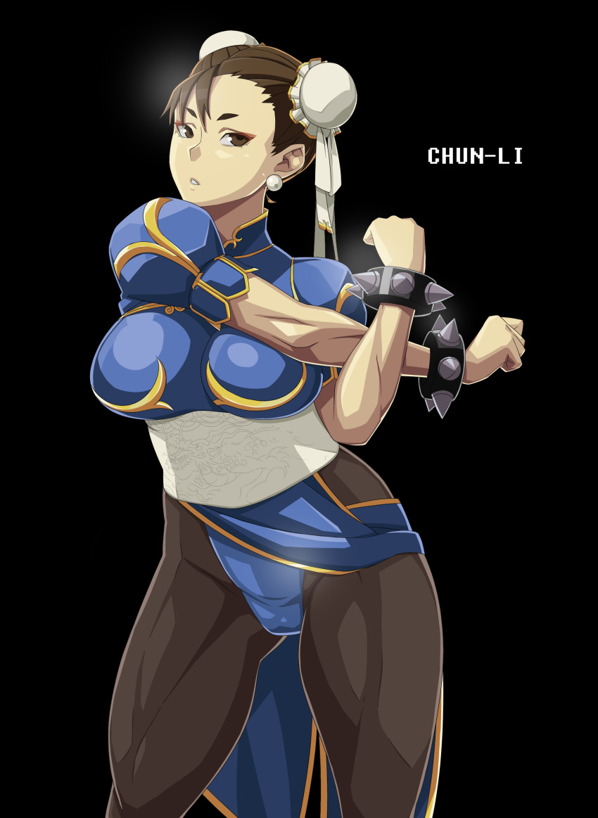 1girl absurdres black_legwear blue_dress bracelet breasts brown_eyes brown_hair bun_cover china_dress chinese_clothes chun-li double_bun dress earrings highres jewelry killy_rock large_breasts pantyhose pelvic_curtain puffy_short_sleeves puffy_sleeves sash short_sleeves solo spiked_bracelet spikes street_fighter stretch thick_thighs thighs