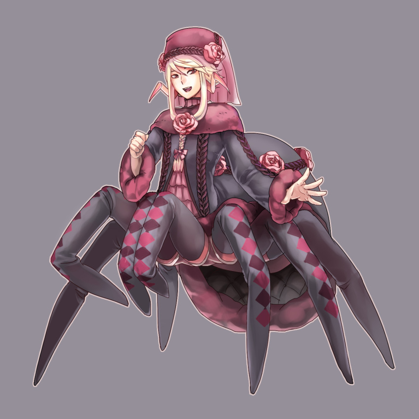 arachne awii flower hat highres insect_boy insect_girl monster_boy open_mouth original otoko_no_ko rose solo spider_girl white_hair