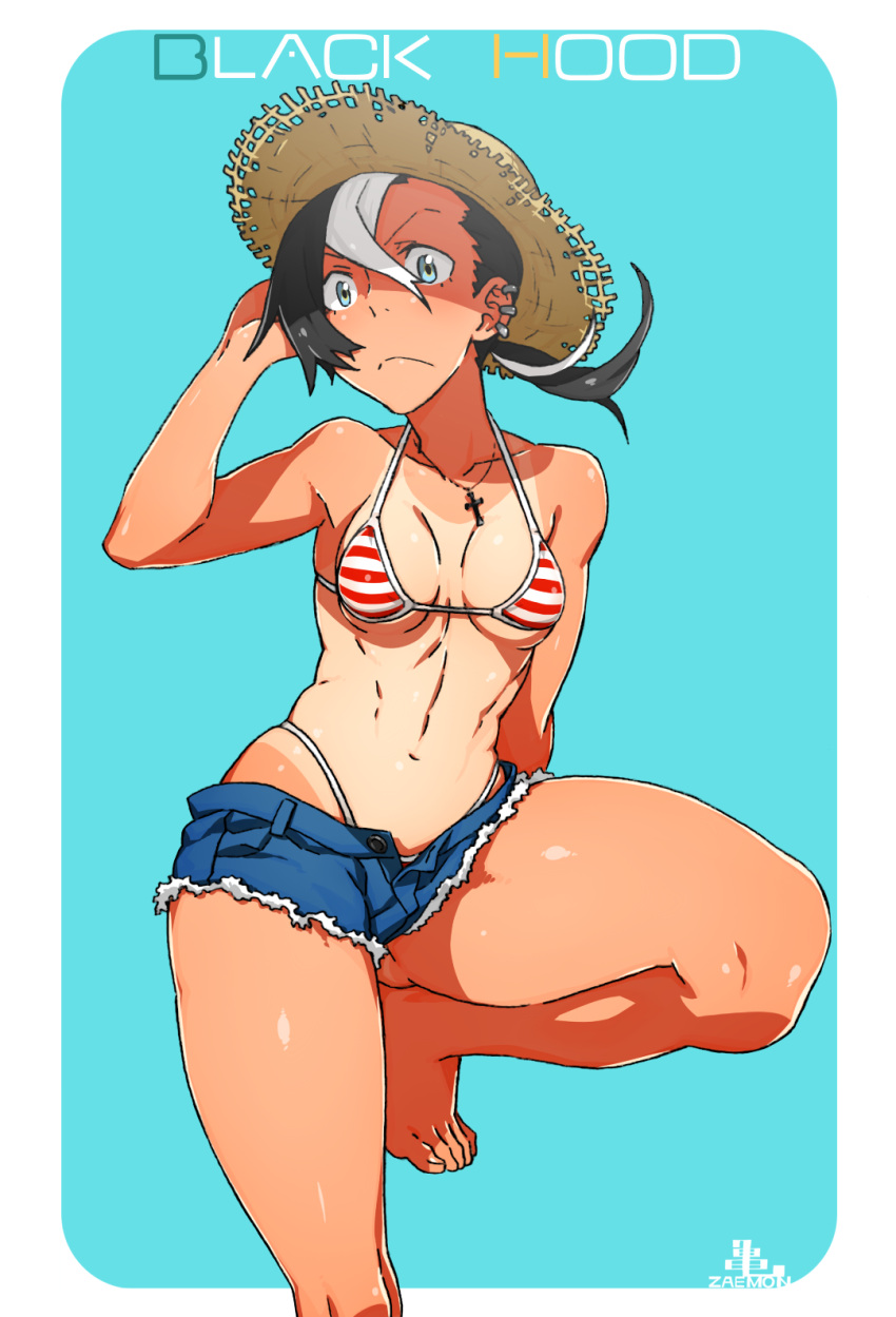 1girl abs barefoot bikini_top black_hair black_hood breasts cross cross_necklace earrings frown hair_over_one_eye hat highres jewelry kamezaemon multicolored_hair multiple_earrings one-piece_tan original ponytail short_shorts shorts solo straw_hat swimsuit tan tanline thong toned two-tone_hair white_hair