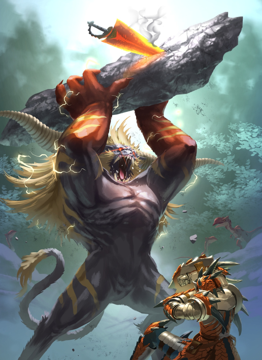 armor blonde_hair covering_head electricity full_armor fur glowing glowing_eyes highres horns ioprey knight long_hair monster monster_hunter open_mouth rajang rathalos_(armor) red_eyes ryutei sharp_teeth shield smoke spikes sword tail weapon