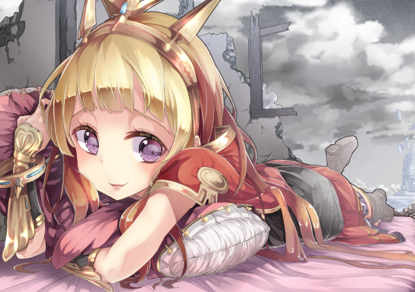 1girl bangs blonde_hair blunt_bangs blush cagliostro_(granblue_fantasy) crown granblue_fantasy hairband long_hair looking_at_viewer lying on_stomach parted_lips saraki skirt smile solo spikes violet_eyes