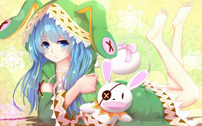 1girl absurdres animal_ears bakanoe barefoot blue_eyes blue_hair date_a_live dress eyepatch green_dress hat hat_with_ears highres legs_up long_hair looking_at_viewer lying on_stomach rabbit_ears soles solo yoshino_(date_a_live) yoshinon