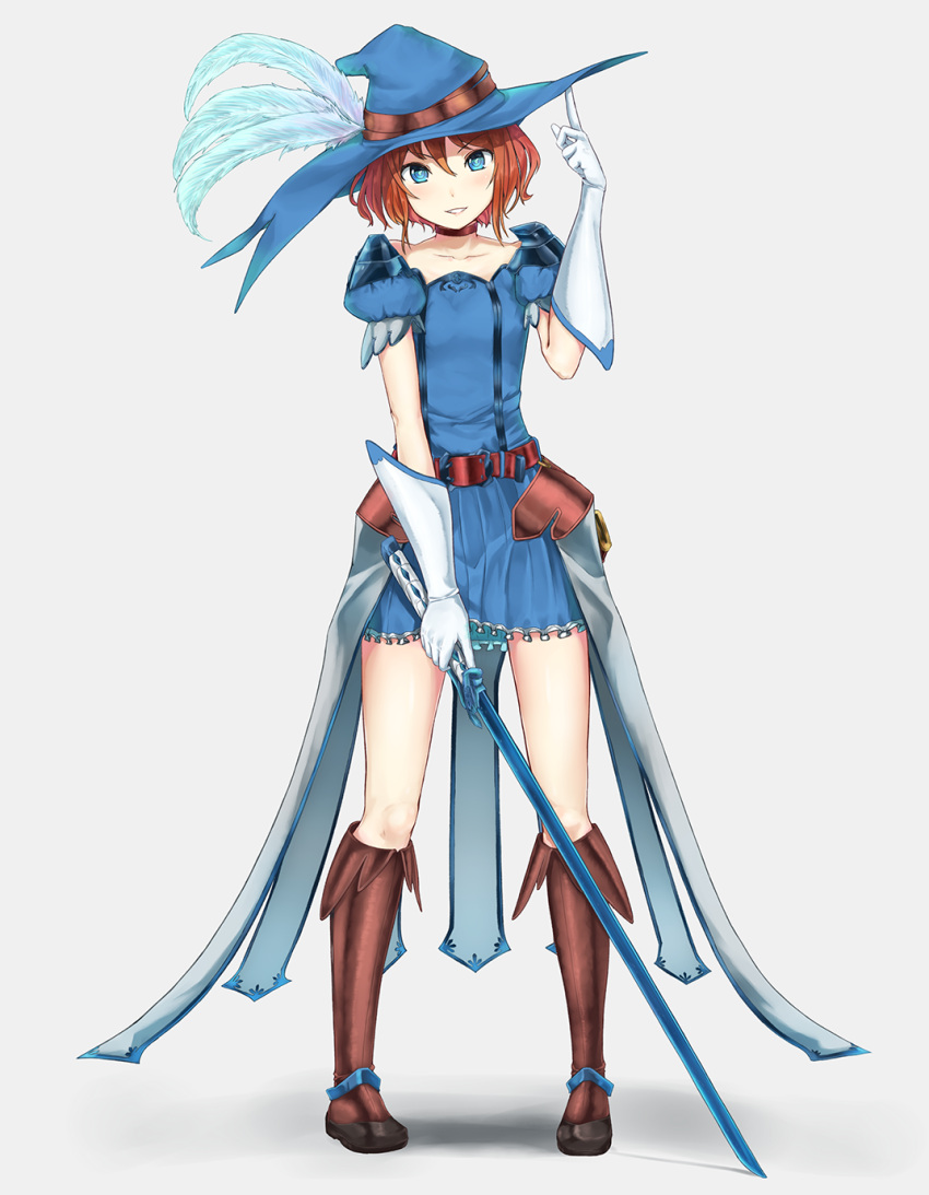 1girl ata_(egalite) belt blue_eyes boots choker feathers full_body gloves hat highres looking_at_viewer musketeer orange_hair original parted_lips short_hair skirt smile solo standing sword weapon