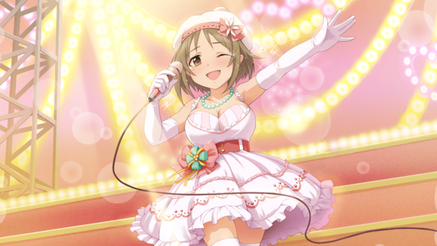 1girl ;d bow breasts bridal_gauntlets brown_eyes brown_hair cleavage collarbone dress elbow_gloves gloves hat highres idolmaster idolmaster_cinderella_girls jewelry jpeg_artifacts large_breasts microphone mimura_kanako necklace official_art one_eye_closed open_mouth plump short_hair skirt smile star tears thigh-highs