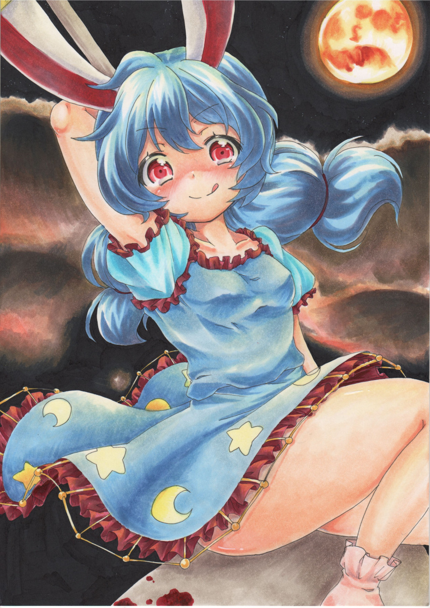 1girl :q absurdres animal_ears ankle_socks blue_dress blue_hair clouds cloudy_sky dress full_moon highres kine long_hair looking_at_viewer low-tied_long_hair low_twintails marker_(medium) moon mountain puffy_short_sleeves puffy_sleeves rabbit_ears red_eyes seiran_(touhou) short_sleeves sitting_on_object sky solo tongue tongue_out touhou traditional_media twintails yuuki_chima