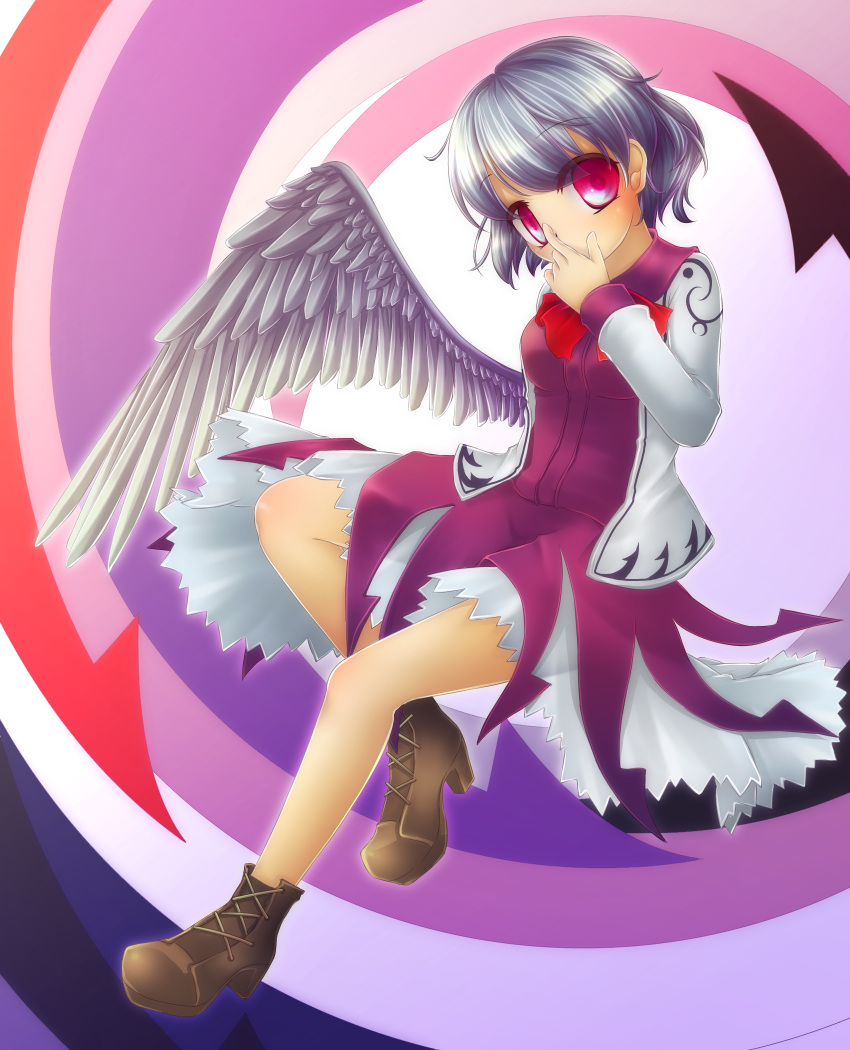 1girl ankle_boots arm_behind_back boots covering_mouth cross-laced_footwear folded_leg highres jacket kakiikada kishin_sagume layered_dress long_sleeves looking_at_viewer multicolored_background open_clothes open_jacket red_eyes ribbon short_hair silver_hair single_wing solo touhou wings