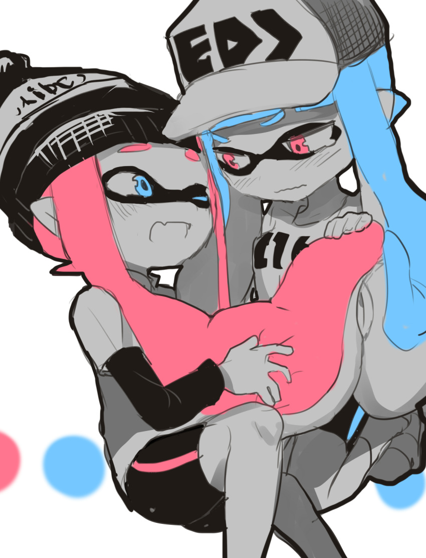 2girls baseball_cap beanie bike_shorts blue_eyes blue_hair blush domino_mask fang hair_grab hat highres inkling long_hair looking_at_another mask multiple_girls one_eye_closed open_mouth pink_eyes pink_hair short_sleeves simple_background splatoon spot_color suurin_(ksyaro) tentacle_hair wavy_mouth white_background