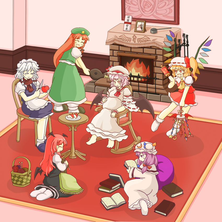 6+girls :&lt; :d ^_^ apple apron ascot barefoot basket bat_wings bean_bag_chair bellows blonde_hair blue_dress book bow braid brooch capelet chair china_dress chinese_clothes closed_eyes commentary_request crescent dress eyebrows fang fire fireplace flandre_scarlet food frame fruit full_body hair_ribbon hand_on_own_stomach happy hat hat_bow head_wings highres holding holding_book hong_meiling izayoi_sakuya jewelry knife knitting knitting_needle koakuma laevatein lavender_hair light_smile long_hair long_sleeves lying maid maid_headdress mob_cap mobile multiple_girls needle on_side open_book open_mouth patchouli_knowledge photo_(object) plate pregnant purple_dress purple_hair rattle reading red_eyes redhead remilia_scarlet ribbon rocking_chair rug scarf shirt short_hair short_sleeves side_ponytail silver_hair sitting skirt skirt_set slippers smile socks standing star table tfv the_embodiment_of_scarlet_devil touhou tress_ribbon twin_braids vest violet_eyes waist_apron white_shirt wide_sleeves wings yarn yarnball