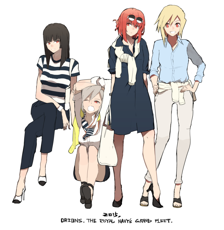 4girls :d alternate_costume arms_up bag black_hair blonde_hair casual clothes_around_waist commentary_request crossed_arms crossed_legs dress green_hair hand_on_hip handbag high_heels hime_cut hms_conqueror_(siirakannu) hms_monarch_(siirakannu) hms_orion_(siirakannu) hms_thunderer_(siirakannu) horizontal_stripes kantai_collection multiple_girls one_eye_closed open_mouth orange_eyes original redhead sandals short_hair siirakannu sitting sleeves_rolled_up smile sunglasses sunglasses_on_head sweater_around_neck sweater_around_waist tears yawning