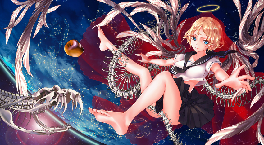 1girl apple barefoot blonde_hair blue_eyes deanna food fruit halo highres original school_uniform serafuku short_hair skeleton snake solo spine