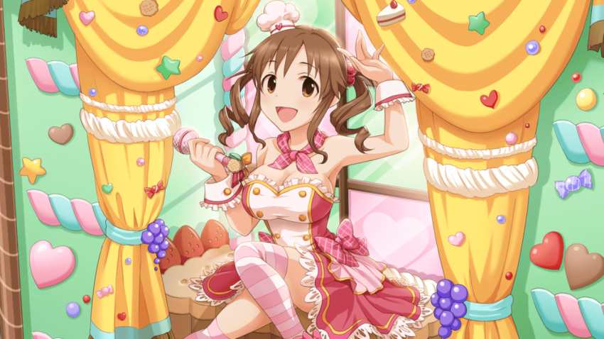 1girl artist_request breasts brown_hair cake chef_hat cleavage dress drill_hair food fruit hair_bobbles hair_ornament hat idolmaster idolmaster_cinderella_girls jpeg_artifacts kneehighs large_breasts microphone official_art ribbon scarf smile star strawberry striped striped_legwear thigh-highs totoki_airi twintails wrist_cuffs