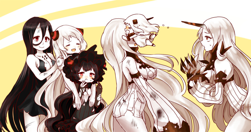 6+girls airfield_hime bare_shoulders battleship_hime black_dress black_hair breasts claws closed_eyes commentary_request crying detached_sleeves dress gothic_lolita highres horn horns isolated_island_oni kantai_collection kobone large_breasts lolita_fashion long_hair mittens multiple_girls northern_ocean_hime oni_horns open_mouth pale_skin red_eyes ribbed_dress seaport_hime seaport_water_oni shinkaisei-kan short_dress sleeveless smile tears torn_clothes very_long_hair white_dress white_hair white_skin