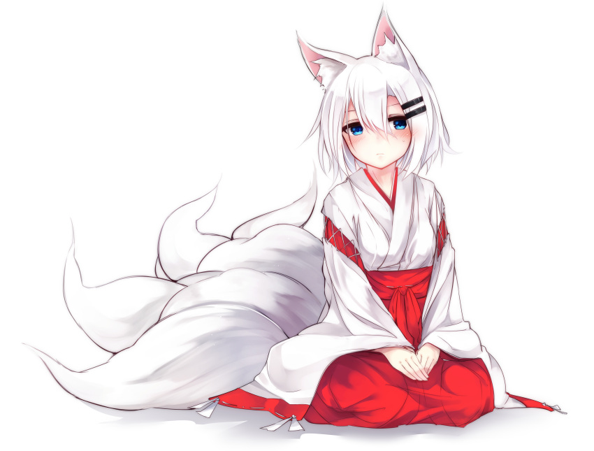 1girl absurdres animal_ears blue_eyes blush fox_ears fox_tail haegiwa hair_ornament hakama highres japanese_clothes looking_at_viewer miko multiple_tails original seiza short_hair simple_background sitting solo tail white_background white_hair