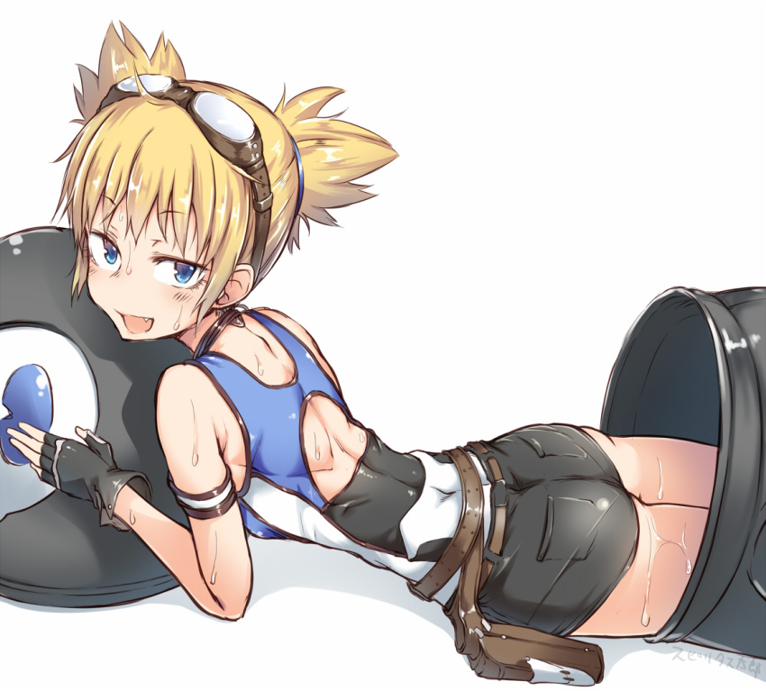 1girl :d animal_costume ass bangs blonde_hair fang goggles goggles_on_head granblue_fantasy lying on_stomach open_mouth pengi_(granblue_fantasy) penguin_costume short_hair short_twintails shorts smile solo spirytus_tarou sweat twintails