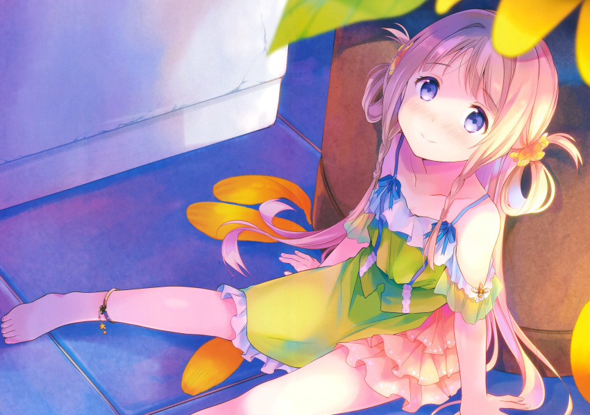 1girl absurdres anklet barefoot blonde_hair blue_eyes blush collarbone dress highres jewelry long_hair looking_at_viewer ousaka_nozomi sitting smile solo very_long_hair