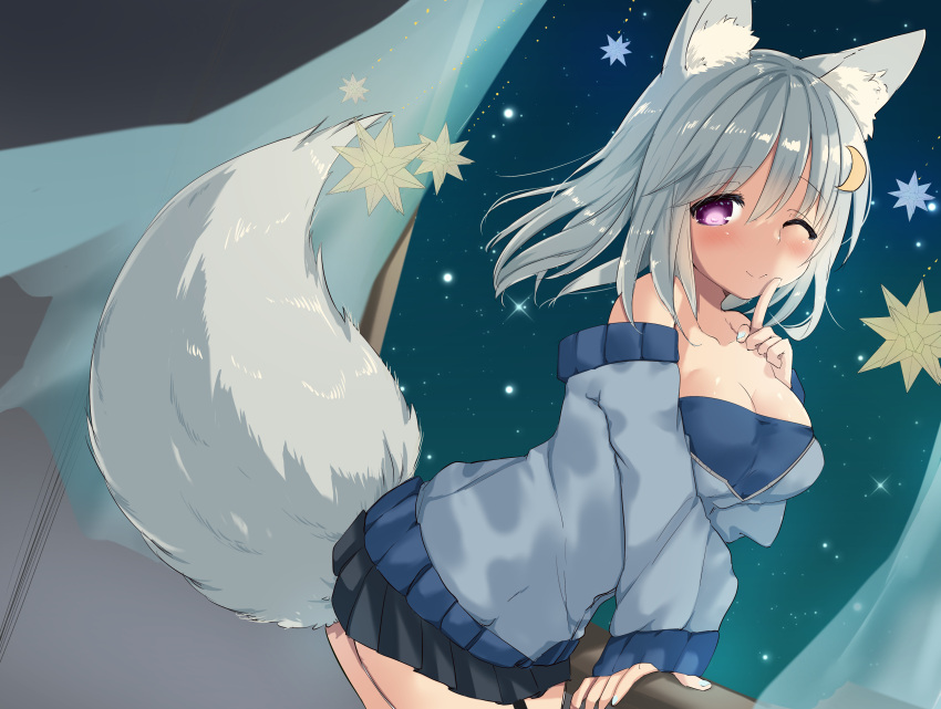 1girl absurdres akahaneko animal_ears bangs black_skirt blue_nails blush breasts finger_to_cheek fox_ears fox_girl fox_tail garter_straps hair_ornament hairpin highres long_sleeves looking_at_viewer medium_breasts medium_hair miniskirt nail_polish off-shoulder_sweater off_shoulder one_eye_closed original pink_eyes silver_hair skirt smile solo sweater tail tail_raised