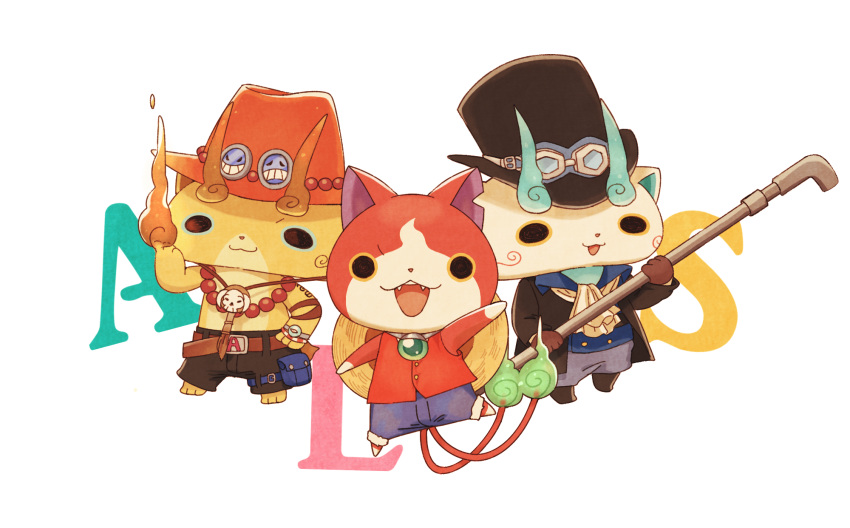 cat commentary_request copyright_name cosplay gloves goggles_on_hat hand_on_hip hat highres jewelry jibanyan kanacho koma-san komajirou monkey_d_luffy monkey_d_luffy_(cosplay) multiple_tails necklace no_humans notched_ear one_piece portgas_d_ace portgas_d_ace_(cosplay) sabo_(one_piece) sabo_(one_piece)_(cosplay) simple_background straw_hat tail top_hat two_tails white_background youkai youkai_watch