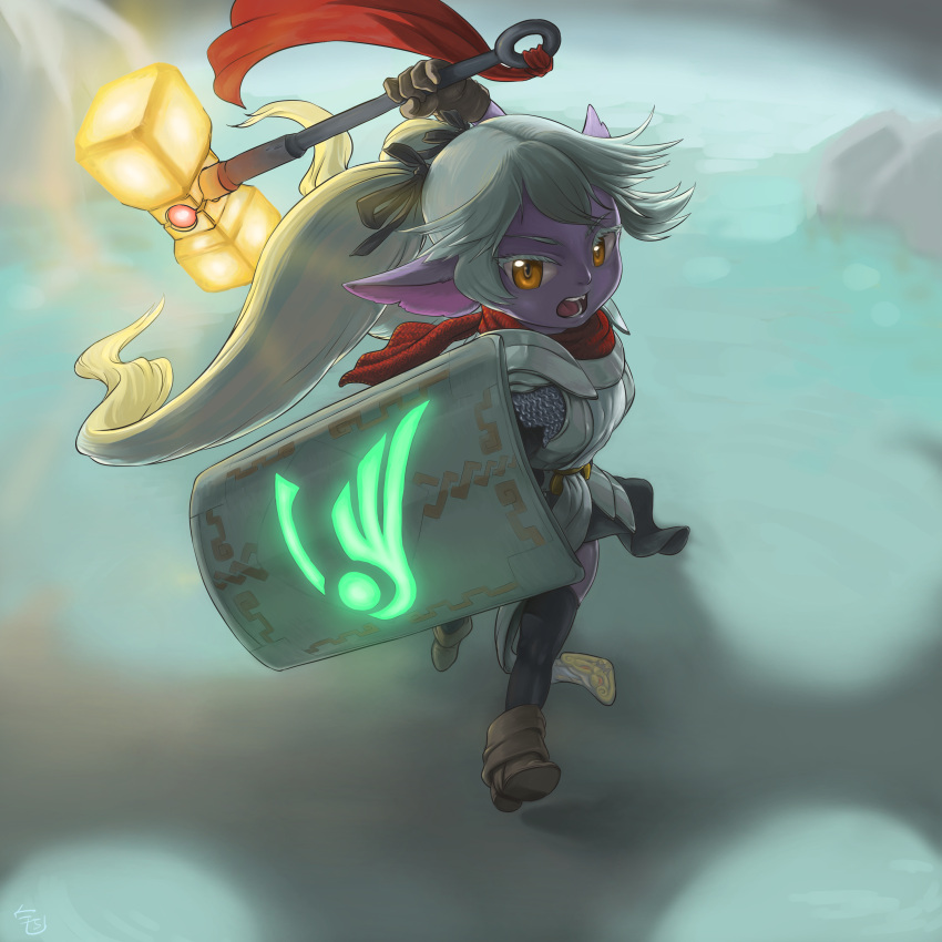 1girl absurdres chainmail chestplate glowing glowing_shield glowing_weapon hammer highres league_of_legends looking_at_viewer open_mouth pointy_ears ponytail poppy running shield solo weapon white_hair wuboy541 yellow_eyes yordle