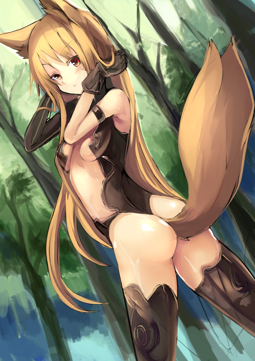 1girl animal_ears ass blonde_hair breasts forest fox_ears fox_tail gloves haik hand_in_hair highres long_hair looking_at_viewer nature original red_eyes solo tail thigh-highs tree