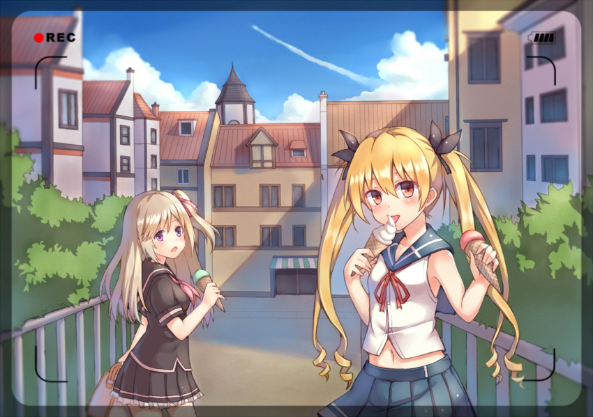 2girls blonde_hair bow brown_eyes brown_hair building bush commentary_request dianche_miao_(18826) drill_hair dual_wielding hair_bow hair_ribbon ice_cream_cone licking looking_back midriff multiple_girls navel original quad_drills quad_tails recording red_eyes ribbon school_uniform serafuku side_ponytail tongue tongue_out viewfinder violet_eyes