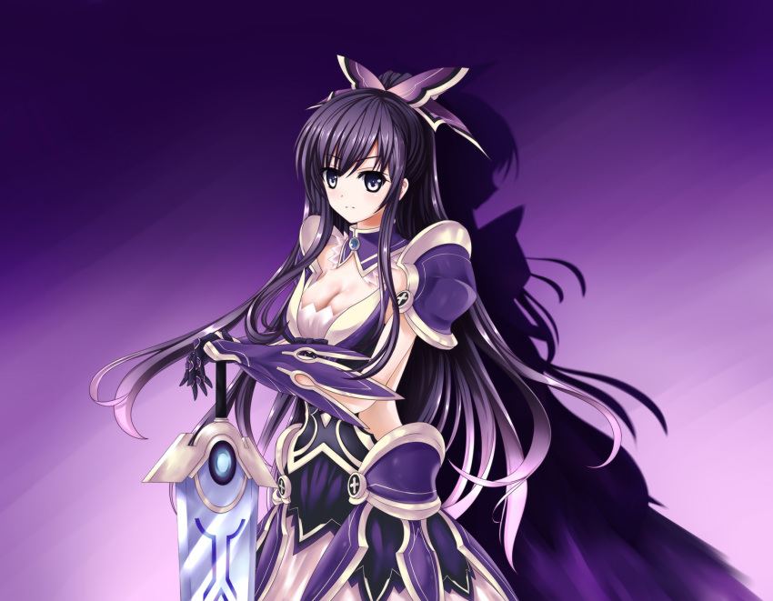 1girl armor breasts cleavage closed_mouth date_a_live expressionless gloves hair_ornament highres long_hair looking_at_viewer ponytail purple_hair solo sword violet_eyes weapon wsman yatogami_tooka