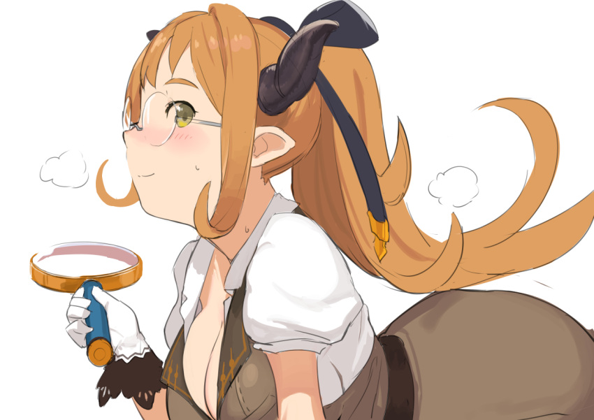 1girl blush breasts cleavage glasses gloves granblue_fantasy green_eyes hair_intakes holding large_breasts leaning_forward level.21 long_hair magnifying_glass orange_hair pointy_ears ponytail puffy_short_sleeves puffy_sleeves round_glasses saaya_(granblue_fantasy) short_sleeves sidelocks sideways_mouth simple_background smile solo sweat white_background white_gloves