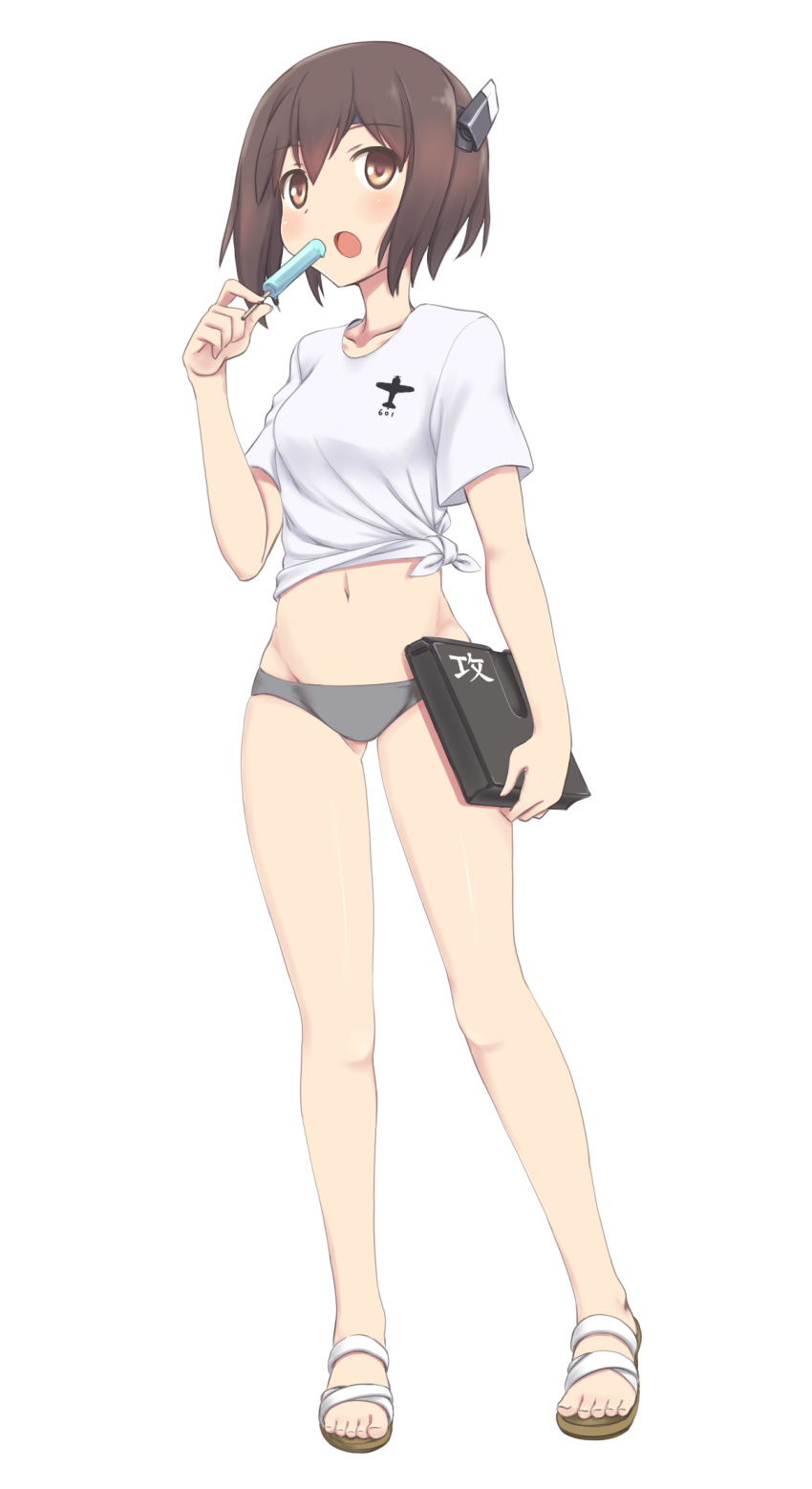 1girl a9b_(louis814) bikini_bottom brown_eyes brown_hair groin highres midriff navel open_mouth popsicle sandals short_hair solo swimsuit swimsuit_under_clothes t-shirt taihou_(kantai_collection)