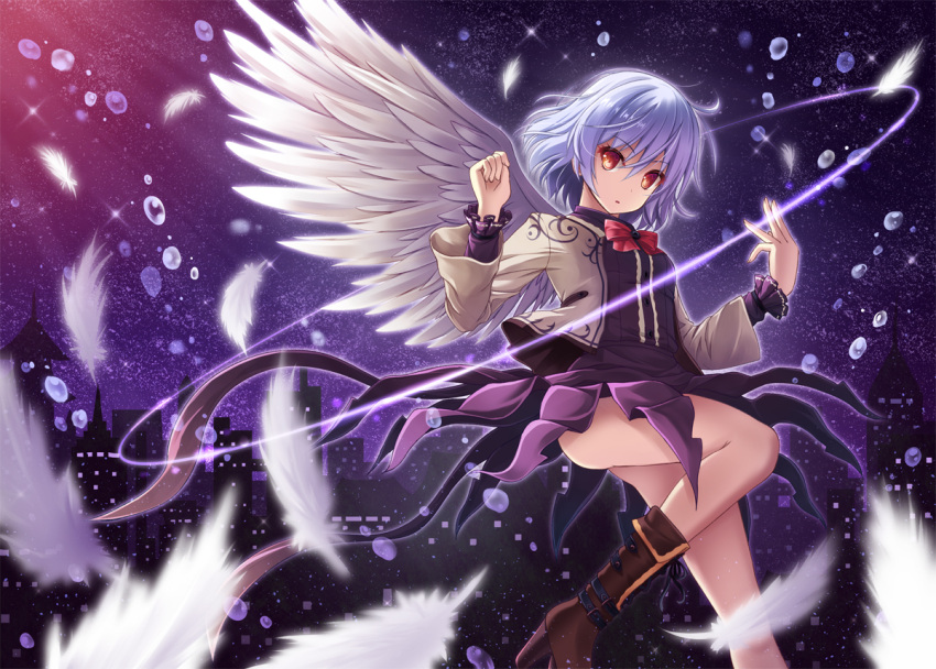 1girl akashio_(loli_ace) boots bow feathers high_heels kishin_sagume long_sleeves looking_at_viewer orange_eyes short_hair silver_hair skirt solo touhou wings