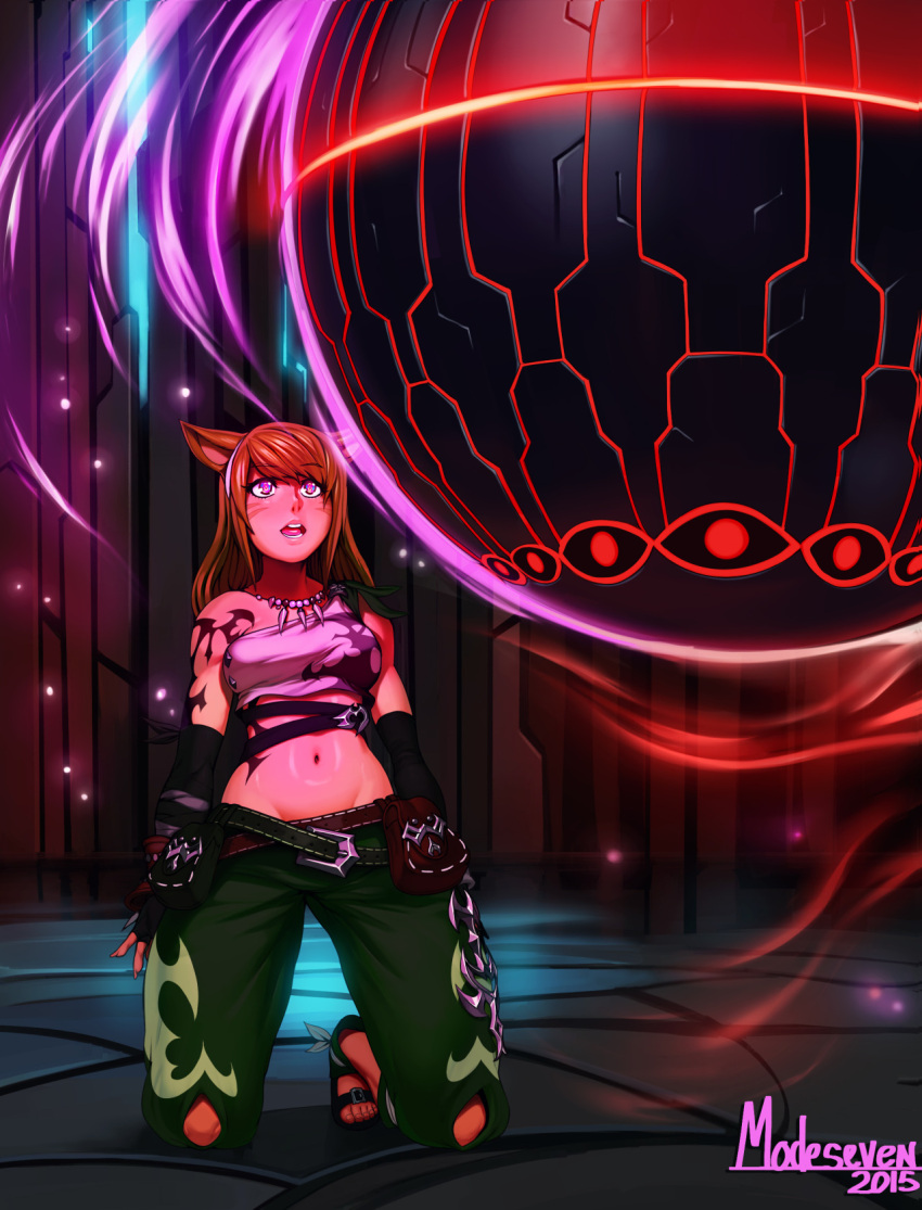 1girl animal_ears bare_shoulders boots breasts brown_hair cat_ears elbow_gloves final_fantasy final_fantasy_xiv fingerless_gloves gloves highres hypnosis jewelry kneeling long_hair lowleg lowleg_pants midriff mind_control miqo'te multiple_belts navel necklace neon_trim nitrotitan orb original pants parted_lips pearl_necklace single_strap solo tank_top tattoo toeless_boots toes wide_hips