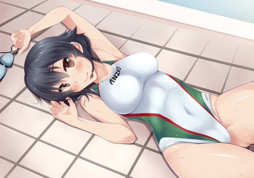1girl black_hair braid brown_eyes competition_swimsuit covered_navel girls_und_panzer goggles goggles_removed highres lying nksk one-piece_swimsuit pepperoni_(girls_und_panzer) short_hair swimsuit tile_floor tiles