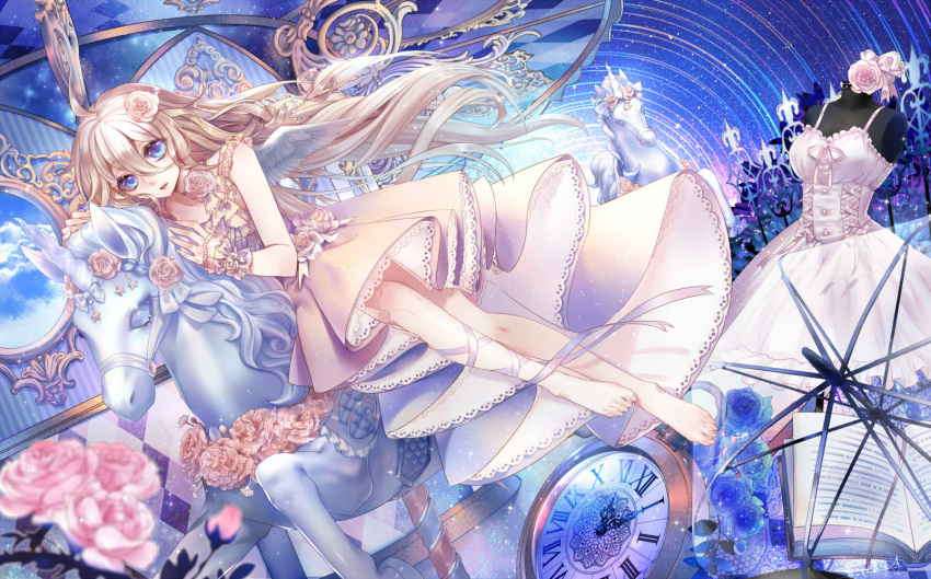 1girl ahoge barefoot blue_eyes blue_rose book bound_wrists bow braid carousel checkered choker clock dress feathered_wings flower hair_flower hair_ornament highres horseback_riding ia_(vocaloid) lace long_hair mannequin night night_sky open_book ribbon riding rose round_window sky solo sptuel striped transparent_umbrella umbrella unicorn vocaloid white_dress white_hair white_wings wings