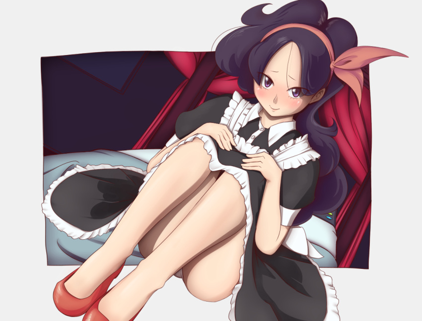 1girl bed blue_hair curtains dragon_ball dutch_angle hairband knees_to_chest lunch_(dragon_ball) maid panties pet_shop_jojo smile solo underwear violet_eyes