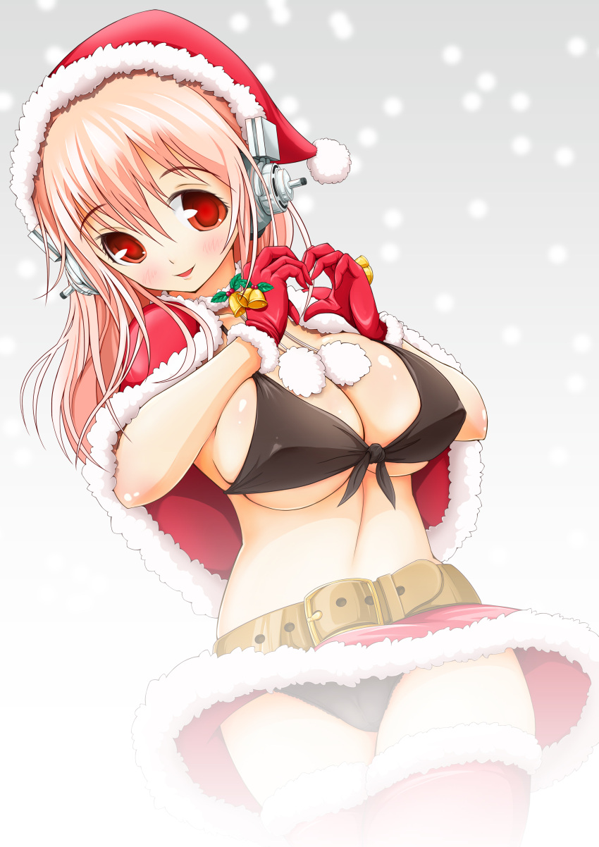 1girl absurdres bikini blush breasts cape capelet christmas cleavage commentary_request derivative_work hat headphones heart heart_hands highres large_breasts long_hair navel nitroplus onigiri_(artist) open_mouth pink_hair pom_pom_(clothes) red_eyes santa_hat smile solo super_sonico swimsuit