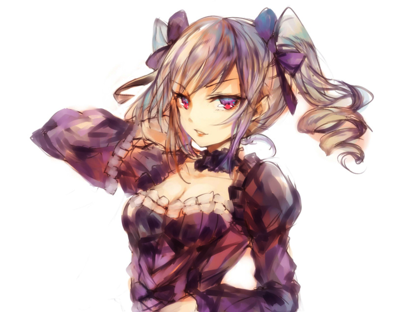 1girl breasts cleavage collarbone dress drill_hair frown gothic_lolita hair_ribbon idolmaster idolmaster_cinderella_girls kanzaki_ranko light_smile lolita_fashion long_hair long_sleeves looking_at_viewer mi_bait parted_lips red_eyes ribbon silver_hair simple_background sketch solo twin_drills twintails upper_body white_background