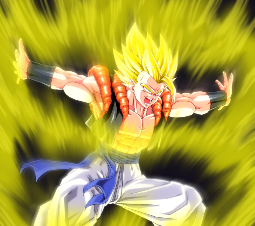 1boy armband aura bare_chest blonde_hair dragon_ball dragon_ball_z gogeta green_eyes highres kamishima_kanon male_focus muscle open_mouth outstretched_arms solo spiky_hair super_saiyan vest
