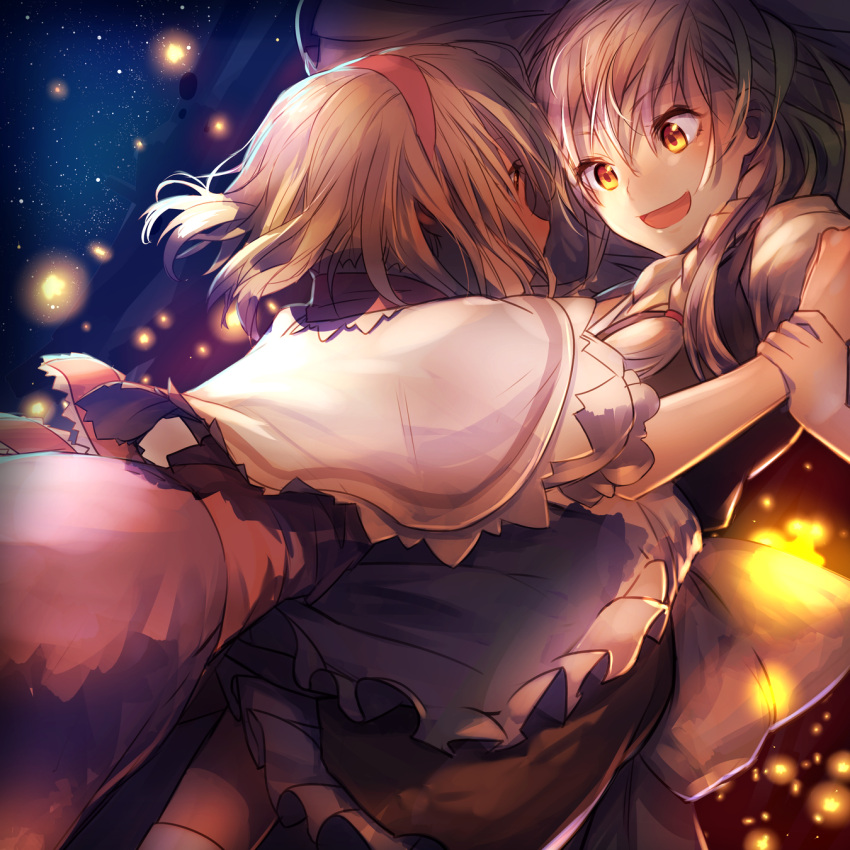 2girls alice_margatroid apron black_dress blonde_hair blue_dress braid capelet chirigami-san dress eye_contact hairband highres kirisame_marisa looking_at_another multiple_girls open_mouth puffy_short_sleeves puffy_sleeves sash shirt short_sleeves single_braid sky smile star_(sky) starry_sky touhou waist_apron