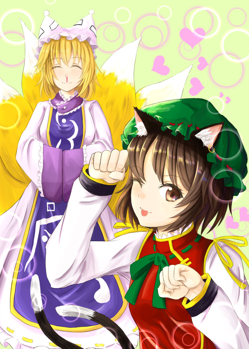 2girls animal_ears blonde_hair blood blush brown_eyes brown_hair cat_ears cat_tail chen closed_eyes dress fox_ears fox_tail green_background hands_in_sleeves hat heart highres jewelry long_sleeves looking_at_viewer mob_cap multiple_girls multiple_tails nosebleed one_eye_closed paw_pose short_hair single_earring smile tabard tail tongue tongue_out touhou white_dress wide_sleeves yakumo_ran yukidaifuku