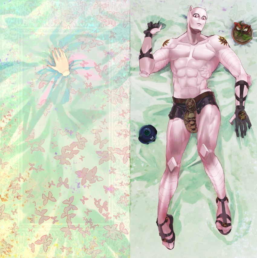 abs animal_ears bed_sheet butterfly_print cat_ears dakimakura disembodied_limb flower_pot highres jojo_no_kimyou_na_bouken killer_queen lying muscle nekogusa_(jojo) nikutarou no_humans on_back sandals sheer_heart_attack slit_pupils stand_(jojo)