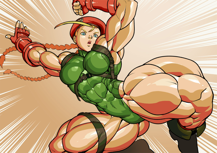 1girl abs ahoge armpits beret boots breasts cammy_white fingerless_gloves gloves harness hat holster incoming_attack jumping muscle pokkuti skin_tight solo street_fighter street_fighter_v thick_thighs thigh_holster thighs