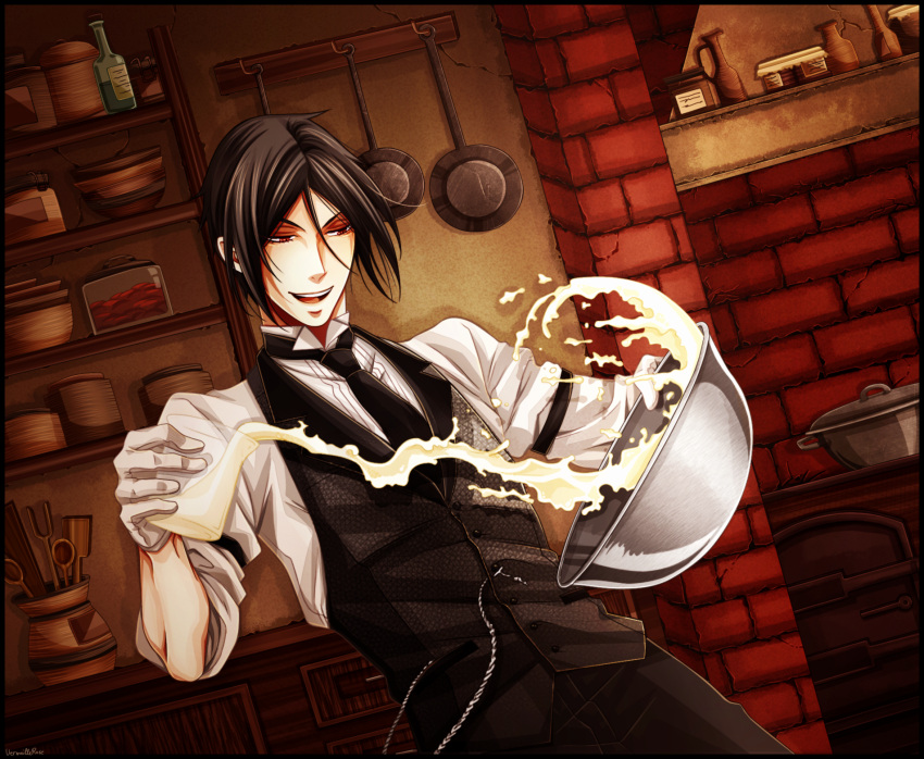 1boy armband batter black_border black_hair border bottle bowl brown_eyes butler derivative_work drawer dutch_angle frying_pan gloves highres jar kuroshitsuji male_focus necktie open_mouth pot sebastian_michaelis signature sleeves_rolled_up smile solo splashing upper_body vermeillerose vest white_gloves