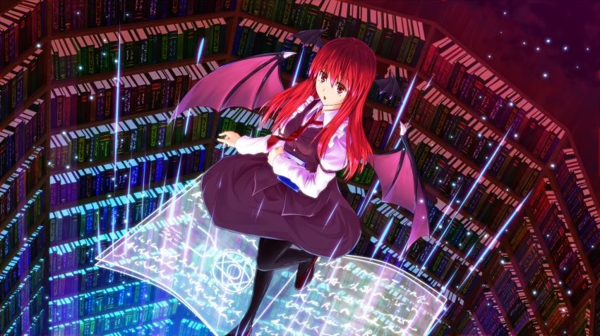 1girl :o bat_wings bookshelf commentary_request demon_girl dress dress_shirt flying head_wings highres koakuma library long_hair looking_at_viewer magic_circle masa07240 necktie pantyhose red_eyes redhead shirt skirt skirt_set solo spell_card touhou vest voile wings