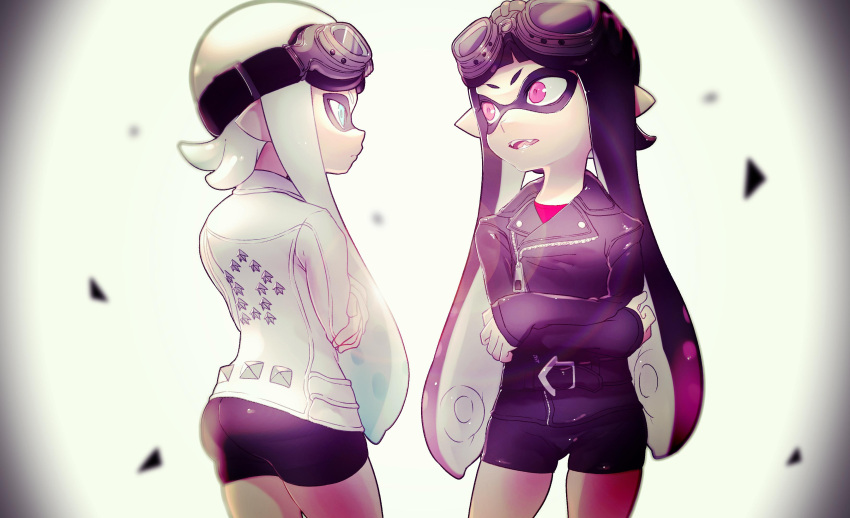 2girls absurdres arm_crossed belt bike_shorts black_hair blue_eyes crossed_arms domino_mask face_to_face goggles goggles_on_head highres inkling jacket leather_jacket mask matching_outfit multiple_girls open_mouth pink_eyes puchiman sidelocks splatoon tentacle_hair white_hair