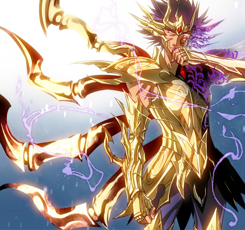 1boy armor cancer_deathmask full_armor purple_hair saint_seiya saint_seiya:_soul_of_gold short_hair solo ume2888 violet_eyes