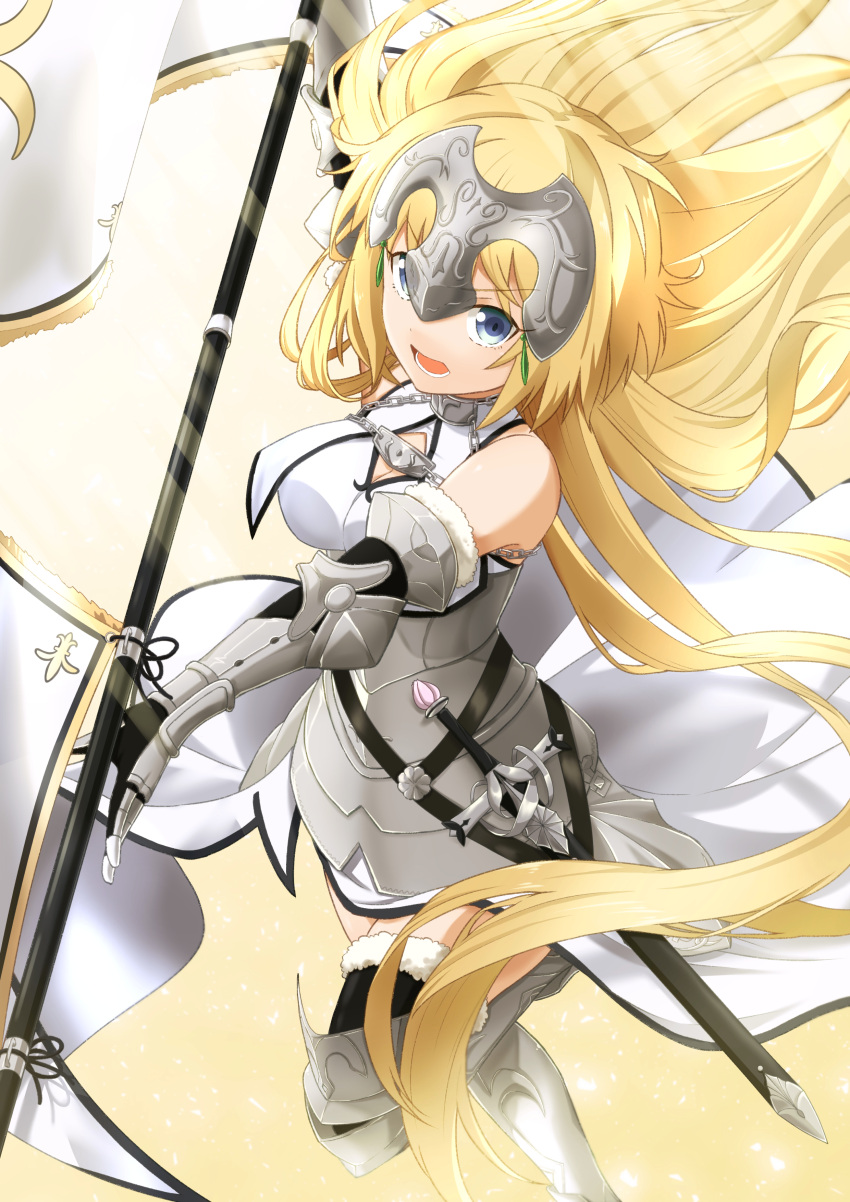 1girl absurdres armor armored_dress azami_masurao bangs bare_shoulders blonde_hair breasts chain dress fate/apocrypha fate/grand_order fate_(series) flag highres holding holding_flag holding_weapon jeanne_d'arc_(fate) jeanne_d'arc_(fate)_(all) long_hair looking_at_viewer looking_up open_mouth solo standing standing_on_one_leg sword thigh-highs very_long_hair weapon white_dress yellow_eyes