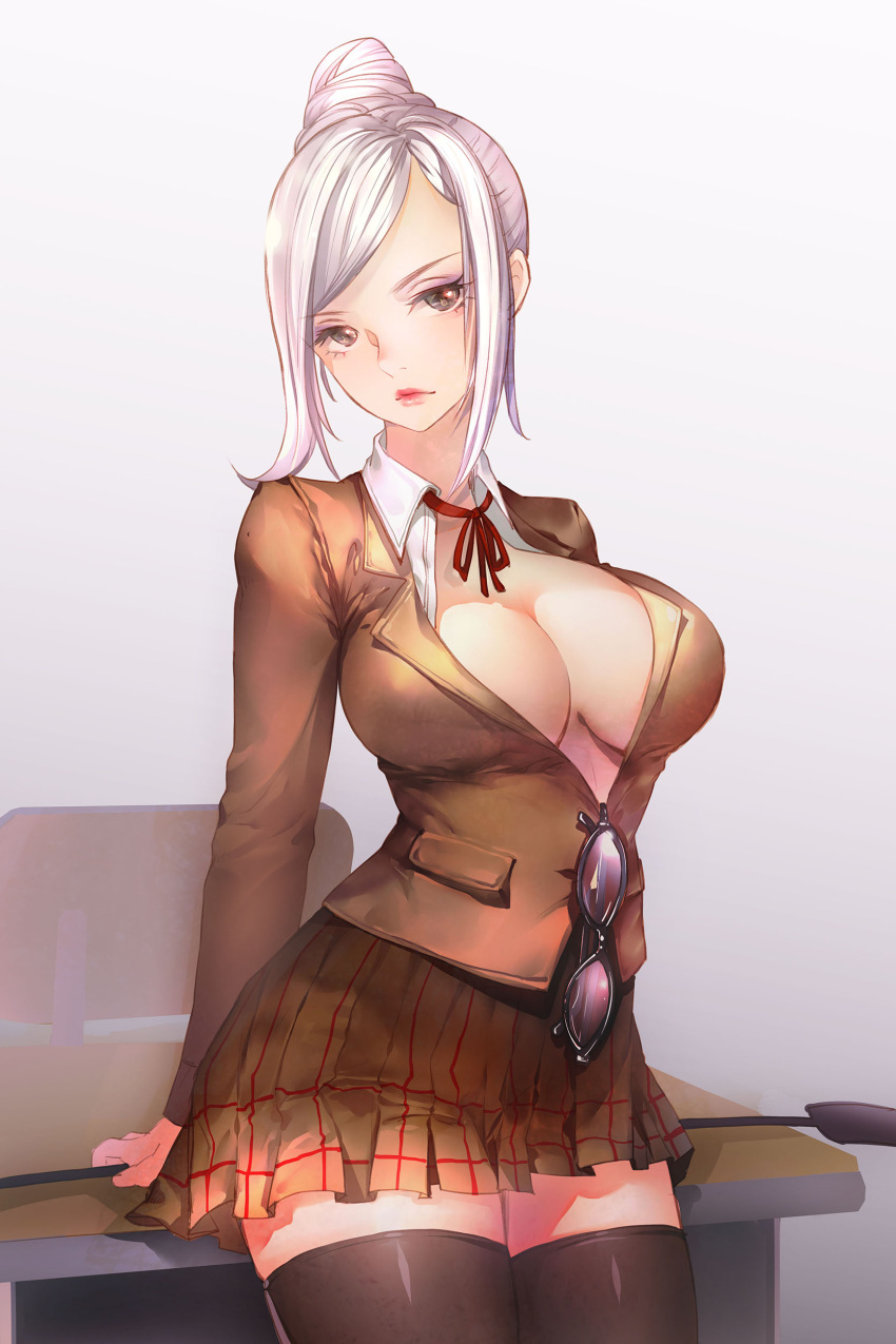 1girl absurdres black_eyes blazer breasts cleavage desk glasses glasses_removed hair_bun highres large_breasts open_clothes open_shirt orry prison_school riding_crop shiraki_meiko shirt sidelocks sitting skirt solo thigh-highs white_hair zettai_ryouiki