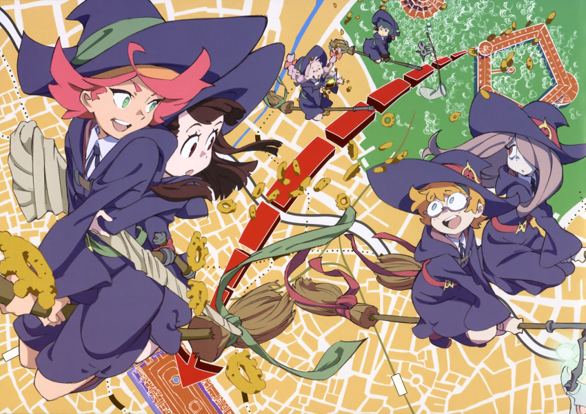 6+girls absurdres akko_kagari amanda_o'neill blonde_hair broom brown_eyes brown_hair character_request constanze_albrechtsburger glasses green_eyes hair_over_one_eye hat highres jasminka_anoneko little_witch_academia looking_back lotte_yanson multiple_girls official_art open_mouth pink_hair socks sucy_manbabalan witch_hat