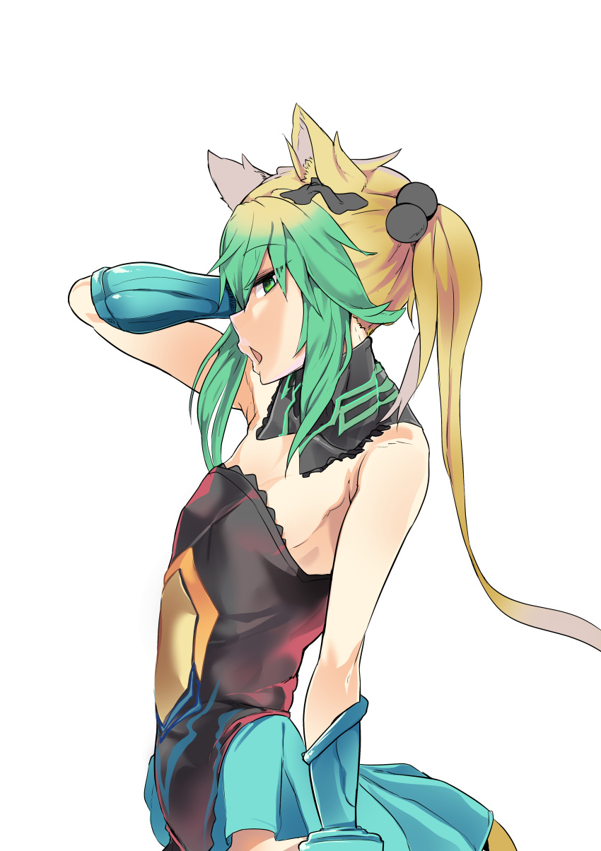 1girl absurdres animal_ears atalanta_(fate) bare_shoulders blonde_hair cat_ears cat_tail detached_collar detached_sleeves dress erect_nipples fate/apocrypha fate_(series) flat_chest from_side green_eyes green_hair hair_between_eyes hair_bobbles hair_ornament highres long_hair looking_at_viewer multicolored_hair open_mouth sidelocks solo strapless strapless_dress tail very_long_hair wwwazxc