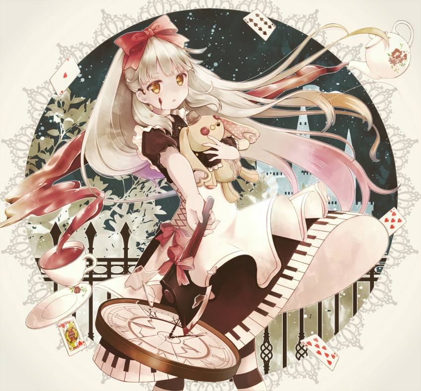 1girl axe bangs blonde_hair blood blood_on_face blunt_bangs blush bow broken_glass card castle clock cup dress edamame_888 glass hair_bow holding_stuffed_animal holding_weapon liquid long_hair looking_at_viewer mayu_(vocaloid) multicolored_hair night night_sky open_mouth piano_keys pink_hair purple_hair roman_numerals sky snowing solo striped striped_legwear stuffed_animal stuffed_bunny stuffed_toy tea_set teapot tray vocaloid weapon white_hair yellow_eyes