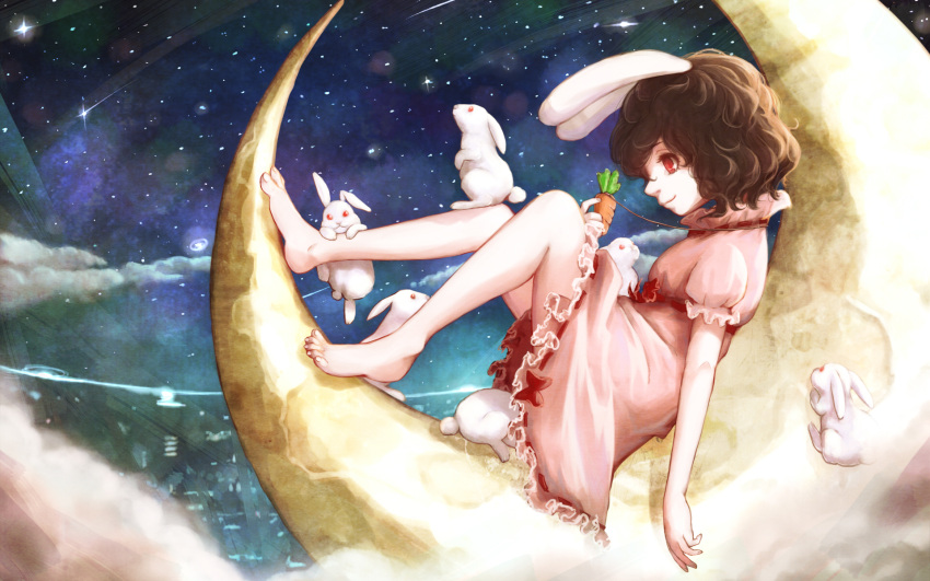 1girl animal_ears barefoot brown_hair carrot crescent dress highres hoshibuchi inaba_tewi jewelry necklace pendant pink_dress puffy_short_sleeves puffy_sleeves rabbit rabbit_ears red_eyes short_sleeves sitting smile solo touhou